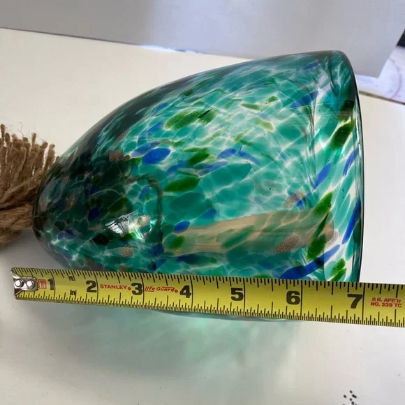 Handcrafted Handblown Glass Wind Chime with Rope and Hook Blue Green Goldtone - Picture 4 of 4